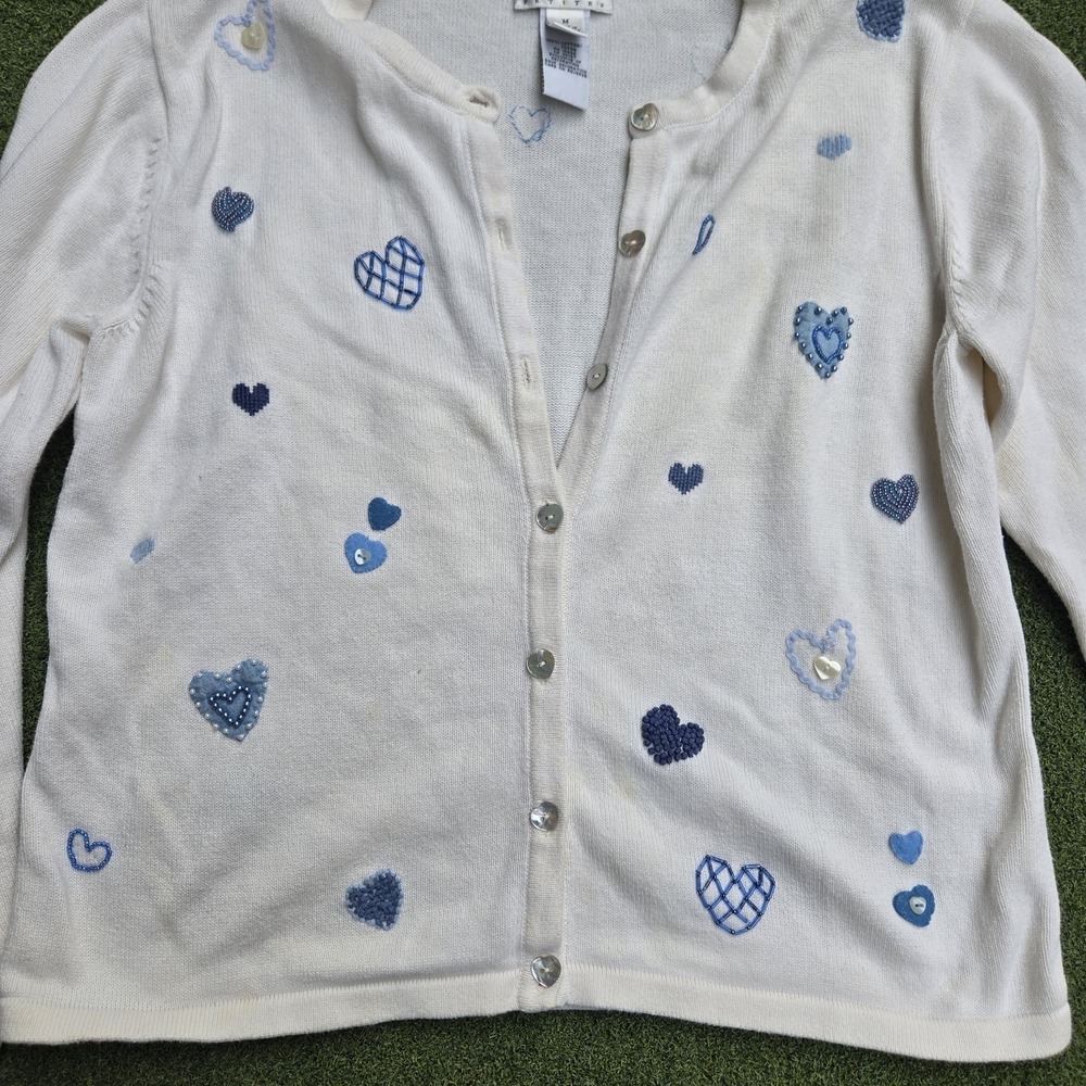 Women Heart Print Cardigan Sweater Light Gray Blue Hearts Button Front Knit M - Picture 7 of 11